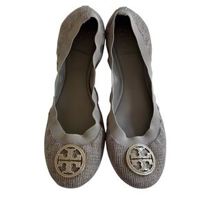 TORY BURCH Caroline Tan/Gold Fabric Ballet Flats Sz 8.5